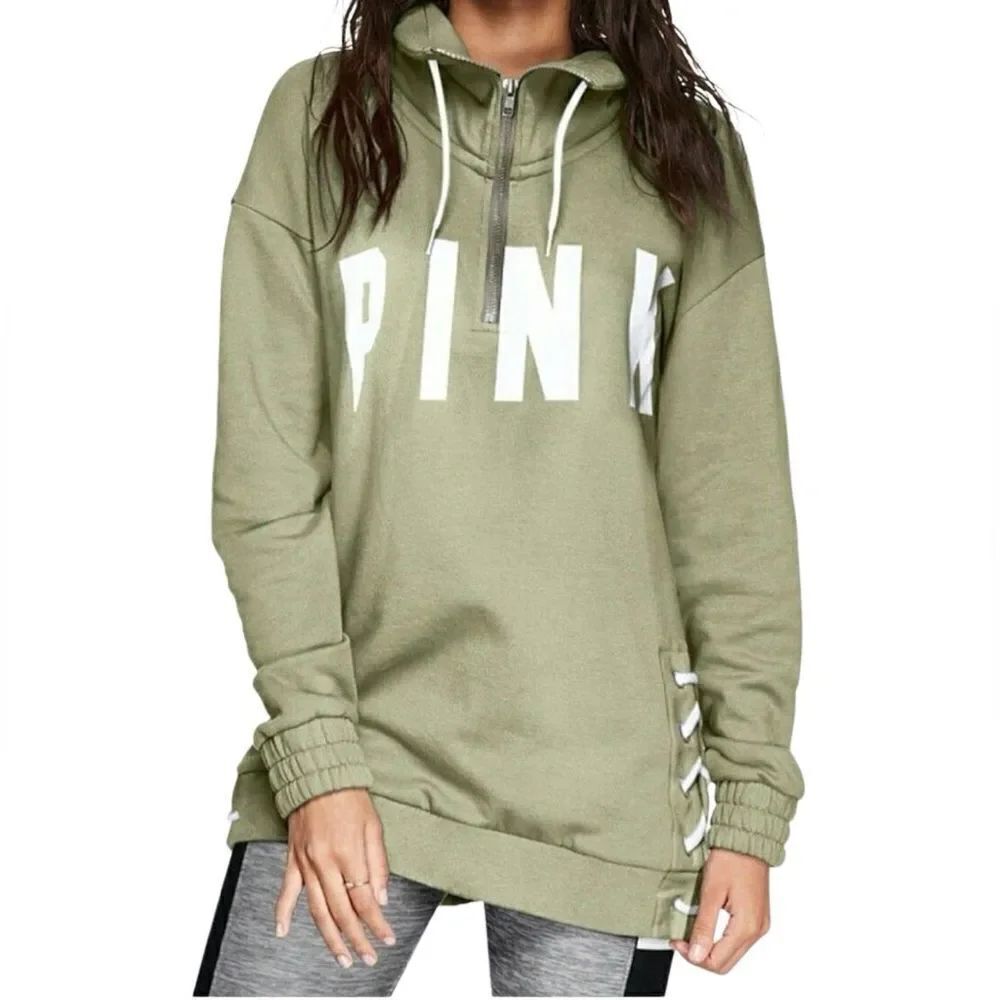 Victoria's Secret Pink Slouchy Graphic lace up quarter Zip puller over Size XS